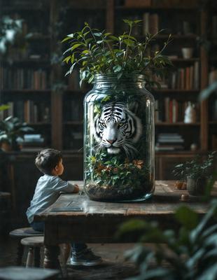 The primary subject of the image is a young boy sitting at a table in front of a large glass jar filled with plants, including a fake tiger plant. The setting is indoors, with a bookshelf visible in the background. The visual style appears to be a combination of photo and digital art, creating a unique and intriguing scene. The colors and mood of the image are predominantly green, with the plants and the boy's attire, giving the scene a calm and serene atmosphere.